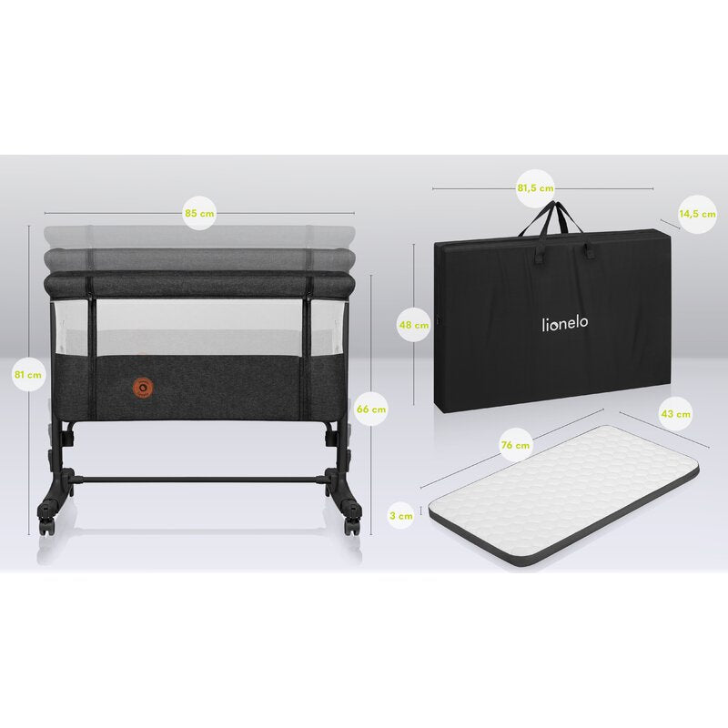 Patut co-sleeper, Lionelo, Aurora, 3 in 1, Cu leganare si setare unghiulara, Include saltea cu densitate T25 si geanta transport, Reglabil in 5 pozitii pe inaltime, Pana la 9 kg, 0 luni+, Conform cu EN 1130:2019+AC:2020, EN 16890:2, Gri inchis - gogobaby.ro