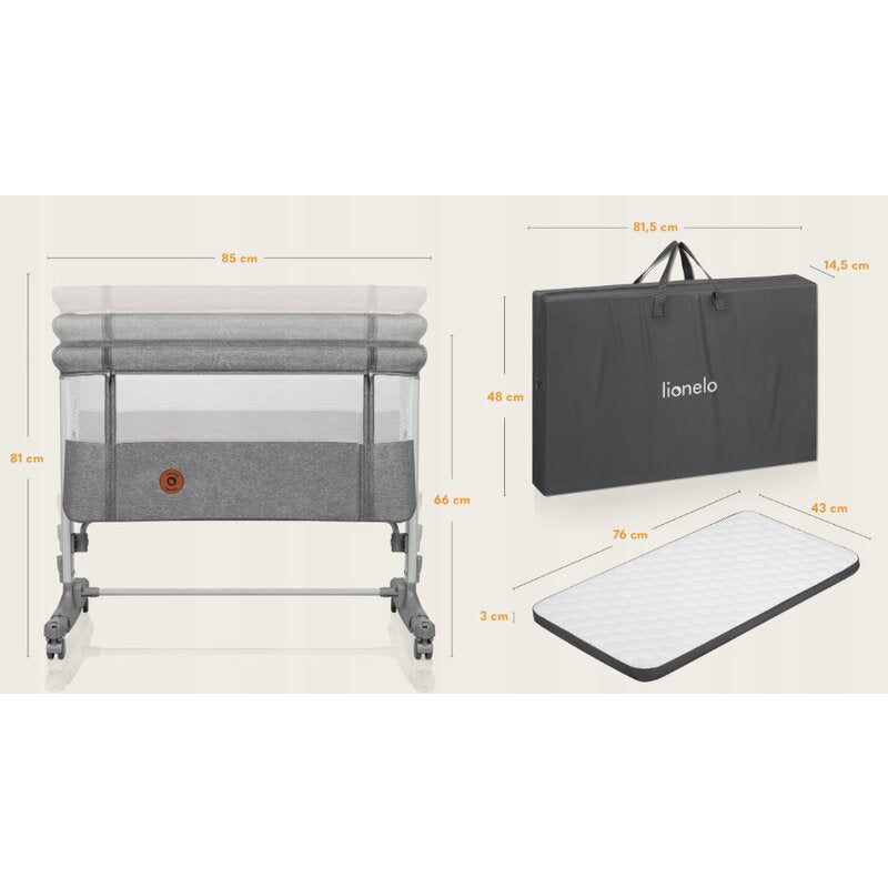 Patut co-sleeper, Lionelo, Aurora, 3 in 1, Cu leganare si setare unghiulara, Include saltea cu densitate T25 si geanta transport, Reglabil in 5 pozitii pe inaltime, Pana la 9 kg, 0 luni+, Conform cu EN 1130:2019+AC:2020, EN 16890:2, Gri inchis - gogobaby.ro