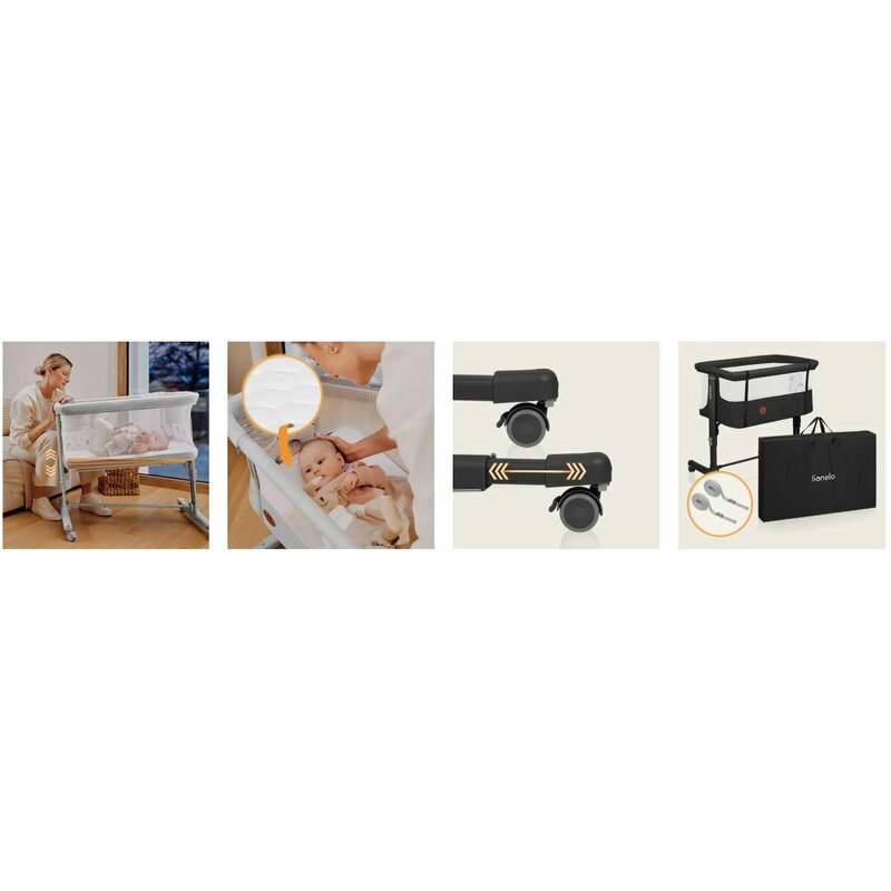 Patut co-sleeper, Lionelo, Aurora, 3 in 1, Cu leganare si setare unghiulara, Include saltea cu densitate T25 si geanta transport, Reglabil in 5 pozitii pe inaltime, Pana la 9 kg, 0 luni+, Conform cu EN 1130:2019+AC:2020, EN 16890:2, Gri inchis - gogobaby.ro