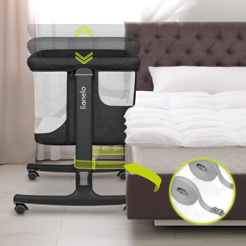 Patut co-sleeper, Lionelo, Aurora, 3 in 1, Cu leganare si setare unghiulara, Include saltea cu densitate T25 si geanta transport, Reglabil in 5 pozitii pe inaltime, Pana la 9 kg, 0 luni+, Conform cu EN 1130:2019+AC:2020, EN 16890:2, Gri inchis - gogobaby.ro