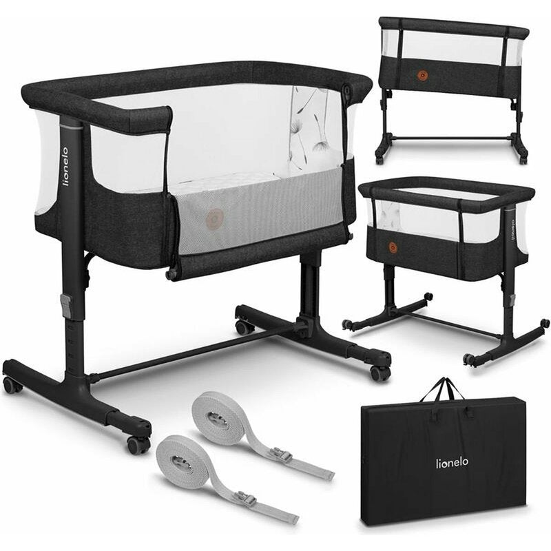 Patut co-sleeper, Lionelo, Aurora, 3 in 1, Cu leganare si setare unghiulara, Include saltea cu densitate T25 si geanta transport, Reglabil in 5 pozitii pe inaltime, Pana la 9 kg, 0 luni+, Conform cu EN 1130:2019+AC:2020, EN 16890:2, Gri inchis - gogobaby.ro