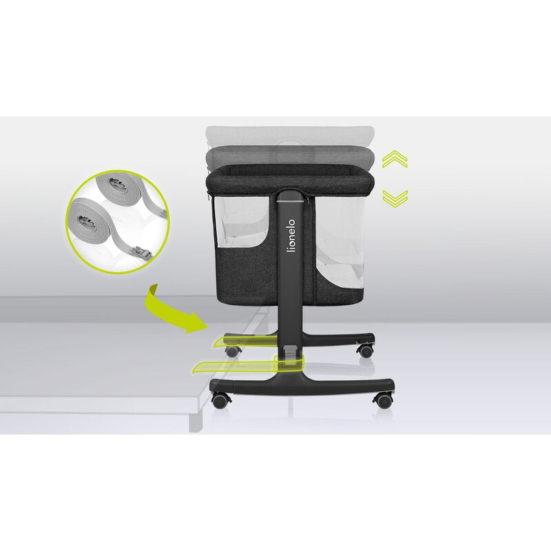Patut co-sleeper, Lionelo, Aurora, 3 in 1, Cu leganare si setare unghiulara, Include saltea cu densitate T25 si geanta transport, Reglabil in 5 pozitii pe inaltime, Pana la 9 kg, 0 luni+, Conform cu EN 1130:2019+AC:2020, EN 16890:2, Gri inchis - gogobaby.ro