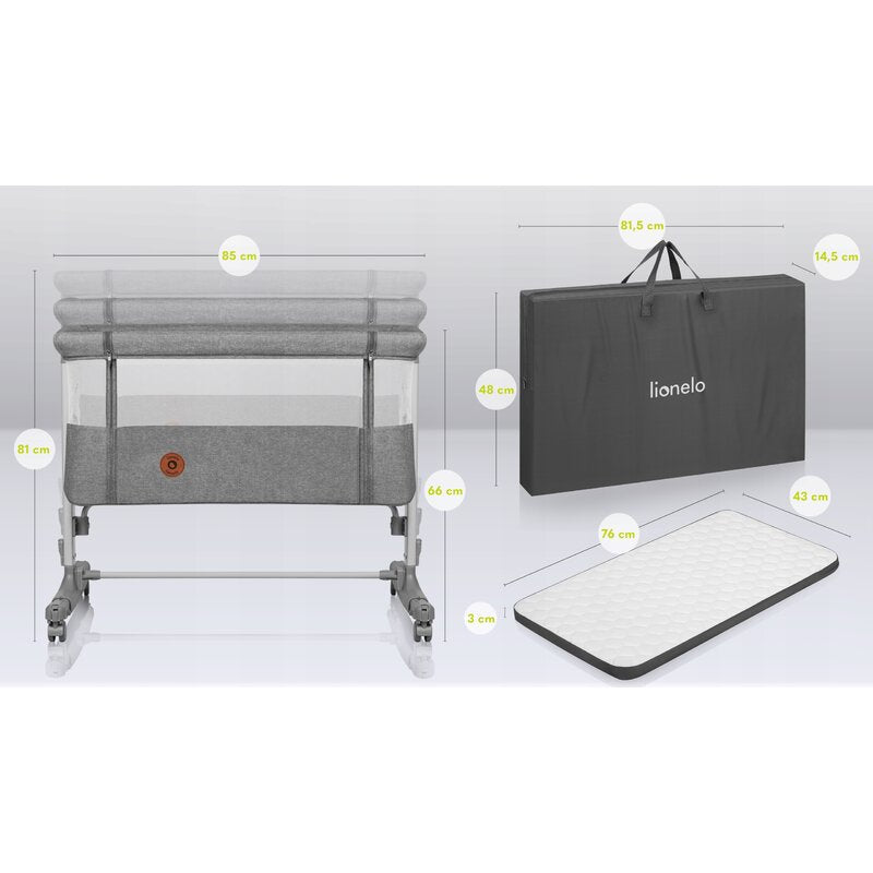 Patut co-sleeper, Lionelo, Aurora, 3 in 1, Cu leganare si setare unghiulara, Include saltea cu densitate T25 si geanta transport, Reglabil in 5 pozitii pe inaltime, Pana la 9 kg, 0 luni+, 85x60x66 cm, Conform cu EN 1130:2019+AC:2020, EN 16890:2, Gri - gogobaby.ro