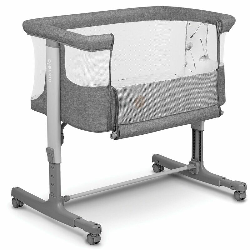 Patut co-sleeper, Lionelo, Aurora, 3 in 1, Cu leganare si setare unghiulara, Include saltea cu densitate T25 si geanta transport, Reglabil in 5 pozitii pe inaltime, Pana la 9 kg, 0 luni+, 85x60x66 cm, Conform cu EN 1130:2019+AC:2020, EN 16890:2, Gri - gogobaby.ro