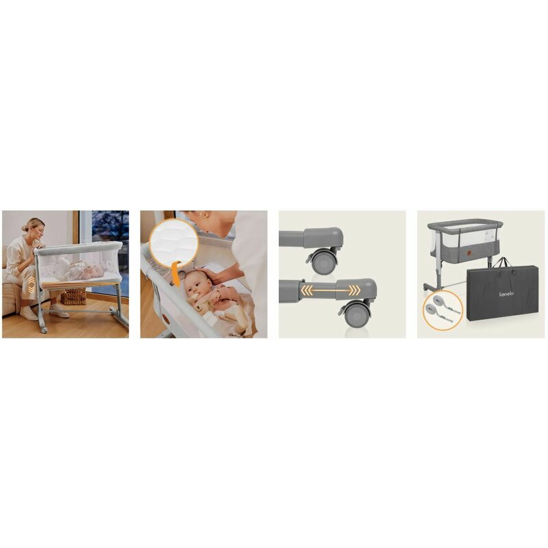 Patut co-sleeper, Lionelo, Aurora, 3 in 1, Cu leganare si setare unghiulara, Include saltea cu densitate T25 si geanta transport, Reglabil in 5 pozitii pe inaltime, Pana la 9 kg, 0 luni+, 85x60x66 cm, Conform cu EN 1130:2019+AC:2020, EN 16890:2, Gri