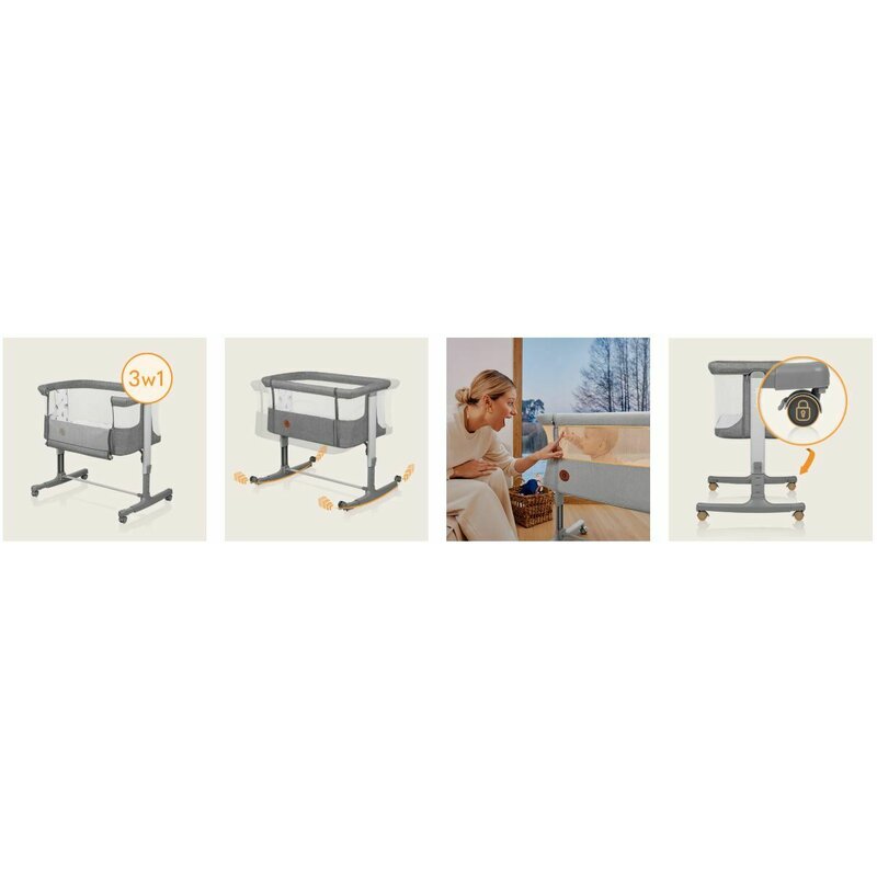 Patut co-sleeper, Lionelo, Aurora, 3 in 1, Cu leganare si setare unghiulara, Include saltea cu densitate T25 si geanta transport, Reglabil in 5 pozitii pe inaltime, Pana la 9 kg, 0 luni+, 85x60x66 cm, Conform cu EN 1130:2019+AC:2020, EN 16890:2, Gri