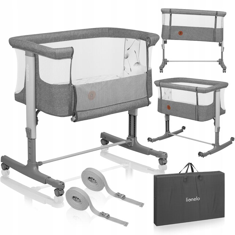 Patut co-sleeper, Lionelo, Aurora, 3 in 1, Cu leganare si setare unghiulara, Include saltea cu densitate T25 si geanta transport, Reglabil in 5 pozitii pe inaltime, Pana la 9 kg, 0 luni+, 85x60x66 cm, Conform cu EN 1130:2019+AC:2020, EN 16890:2, Gri - gogobaby.ro