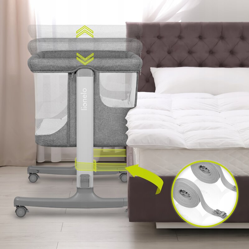 Patut co-sleeper, Lionelo, Aurora, 3 in 1, Cu leganare si setare unghiulara, Include saltea cu densitate T25 si geanta transport, Reglabil in 5 pozitii pe inaltime, Pana la 9 kg, 0 luni+, 85x60x66 cm, Conform cu EN 1130:2019+AC:2020, EN 16890:2, Gri