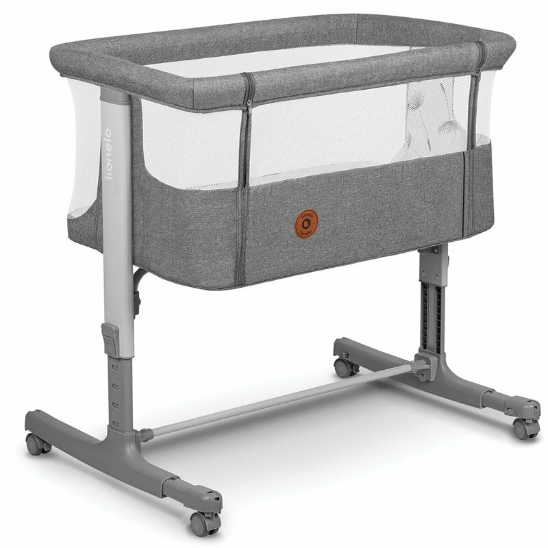 Patut co-sleeper, Lionelo, Aurora, 3 in 1, Cu leganare si setare unghiulara, Include saltea cu densitate T25 si geanta transport, Reglabil in 5 pozitii pe inaltime, Pana la 9 kg, 0 luni+, 85x60x66 cm, Conform cu EN 1130:2019+AC:2020, EN 16890:2, Gri - gogobaby.ro