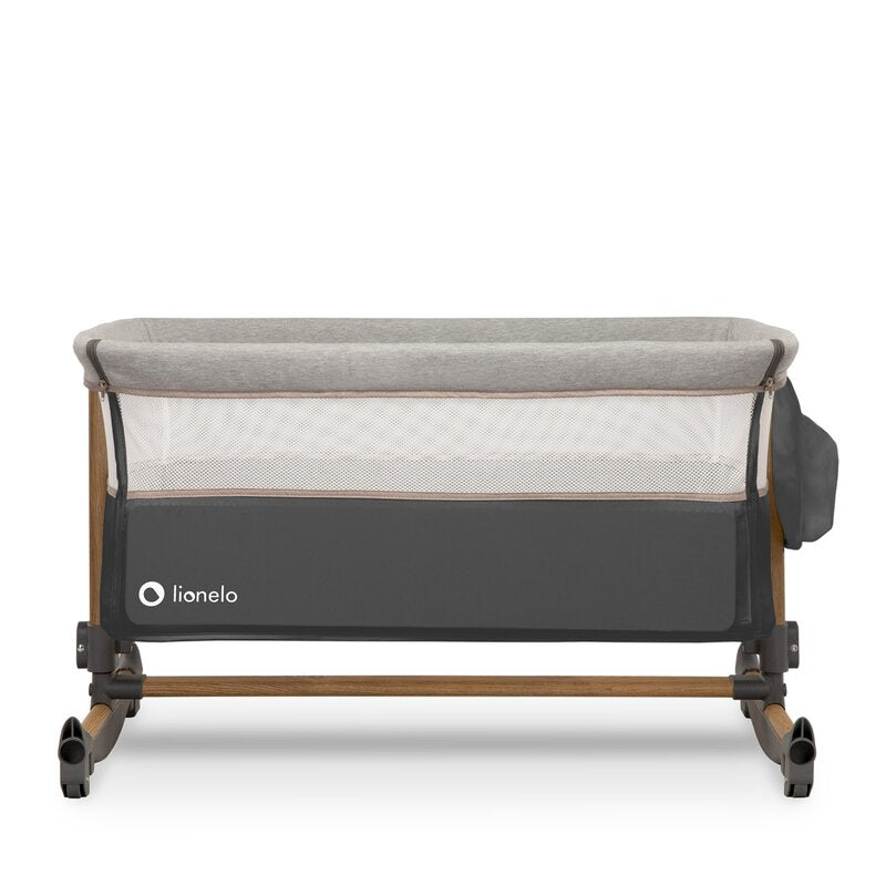 Patut co-sleeper, Lionelo, Leonie, Cu sistem de leganare, Cu setare unghiulara, Reglabil in 5 pozitii pe inaltime, Conform cu standardele europeane de securitate EN1130 si EN16890, Grey Stone - gogobaby.ro