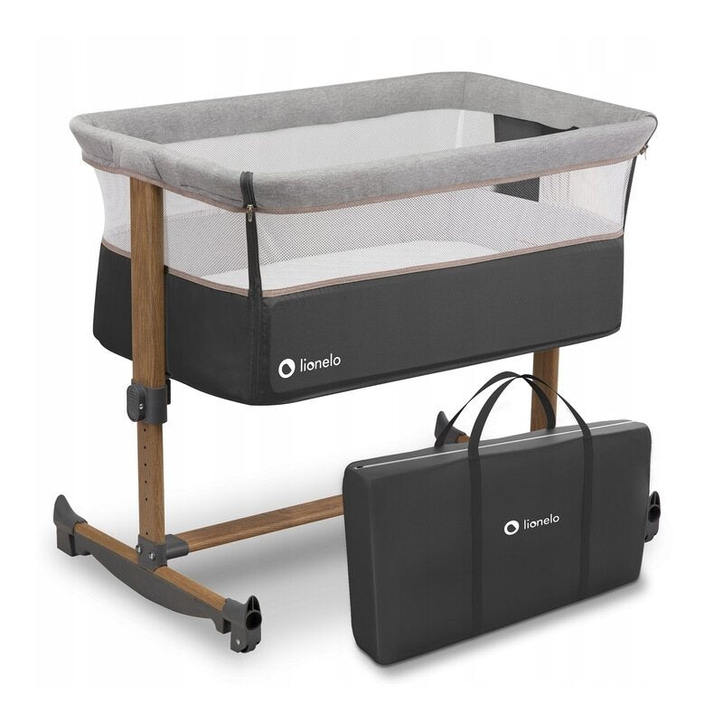 Patut co-sleeper, Lionelo, Leonie, Cu sistem de leganare, Cu setare unghiulara, Reglabil in 5 pozitii pe inaltime, Conform cu standardele europeane de securitate EN1130 si EN16890, Grey Stone
