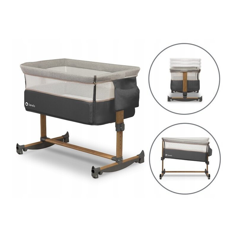 Patut co-sleeper, Lionelo, Leonie, Cu sistem de leganare, Cu setare unghiulara, Reglabil in 5 pozitii pe inaltime, Conform cu standardele europeane de securitate EN1130 si EN16890, Grey Stone