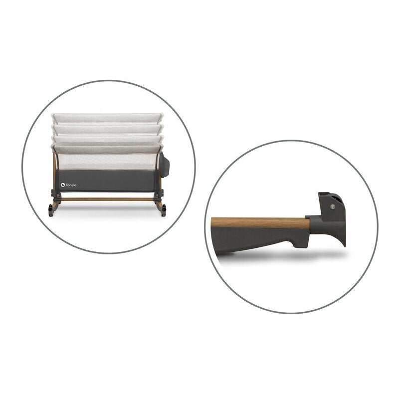 Patut co-sleeper, Lionelo, Leonie, Cu sistem de leganare, Cu setare unghiulara, Reglabil in 5 pozitii pe inaltime, Conform cu standardele europeane de securitate EN1130 si EN16890, Grey Stone