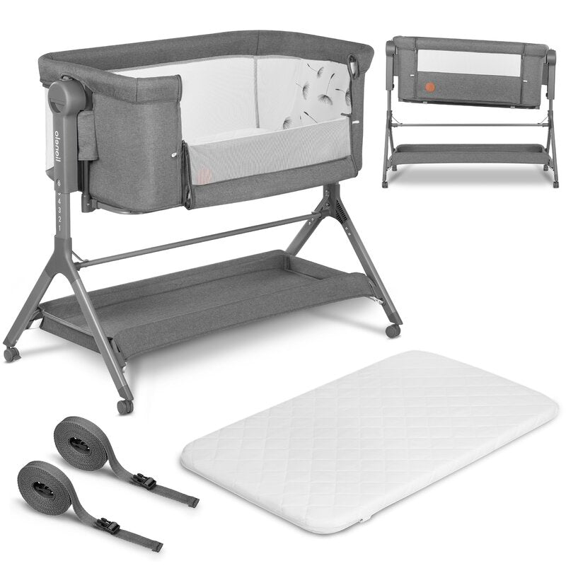 Patut co-sleeper, Lionelo, Leonie, Plus, Pliabil, Cu sistem de leganare, Cu setare unghiulara, Reglabil in 6 pozitii pe inaltime, Conform cu standardele europeane de securitate EN1130 si EN16890, Gri - gogobaby.ro
