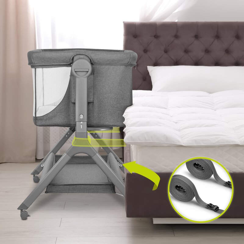 Patut co-sleeper, Lionelo, Leonie, Plus, Pliabil, Cu sistem de leganare, Cu setare unghiulara, Reglabil in 6 pozitii pe inaltime, Conform cu standardele europeane de securitate EN1130 si EN16890, Gri - gogobaby.ro