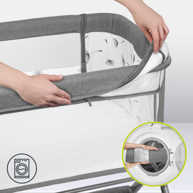 Patut co-sleeper, Lionelo, Leonie, Plus, Pliabil, Cu sistem de leganare, Cu setare unghiulara, Reglabil in 6 pozitii pe inaltime, Conform cu standardele europeane de securitate EN1130 si EN16890, Gri