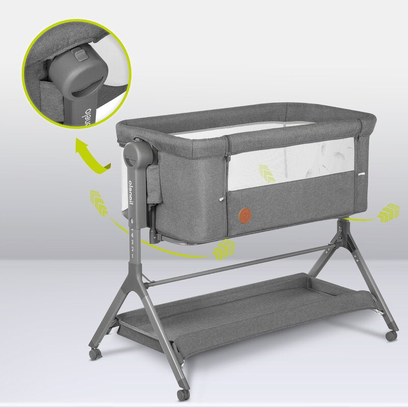 Patut co-sleeper, Lionelo, Leonie, Plus, Pliabil, Cu sistem de leganare, Cu setare unghiulara, Reglabil in 6 pozitii pe inaltime, Conform cu standardele europeane de securitate EN1130 si EN16890, Gri
