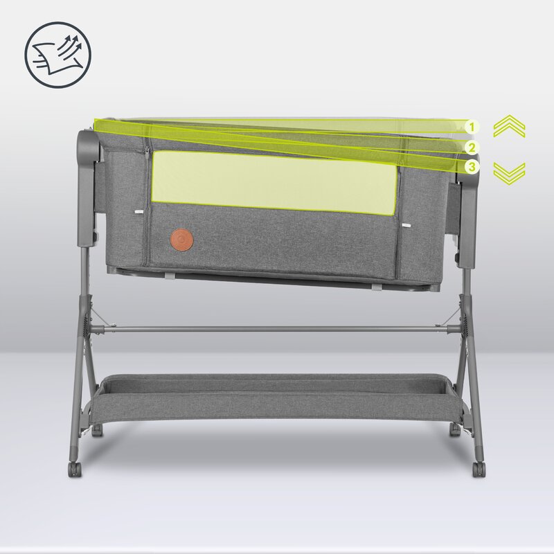 Patut co-sleeper, Lionelo, Leonie, Plus, Pliabil, Cu sistem de leganare, Cu setare unghiulara, Reglabil in 6 pozitii pe inaltime, Conform cu standardele europeane de securitate EN1130 si EN16890, Gri - gogobaby.ro