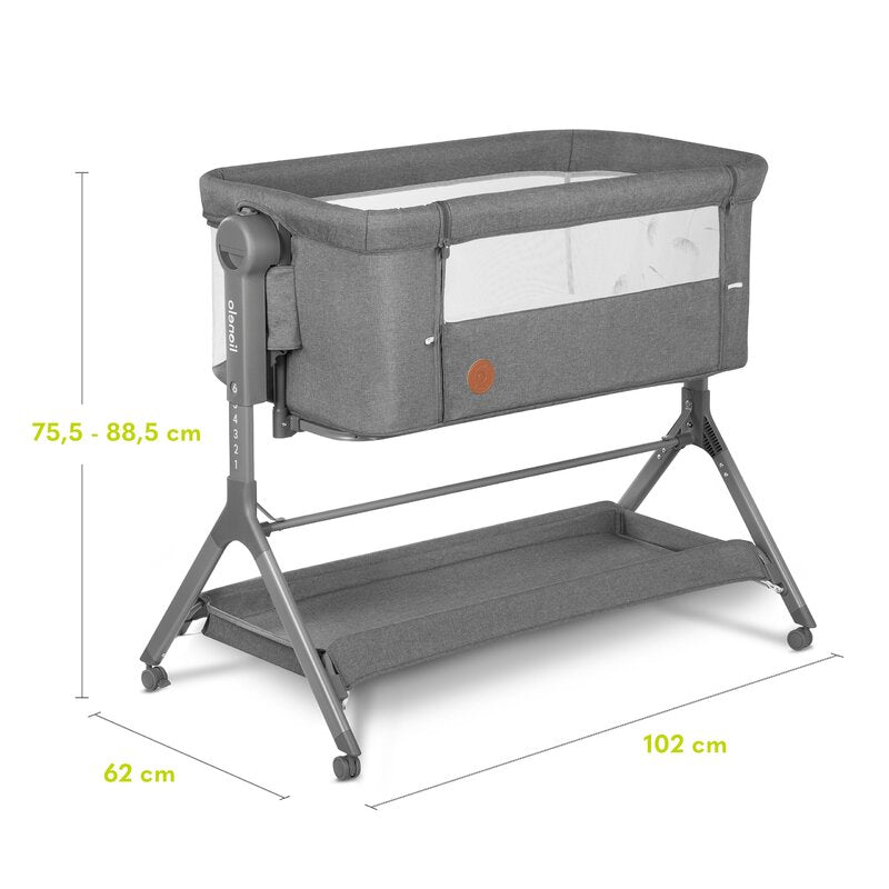 Patut co-sleeper, Lionelo, Leonie, Plus, Pliabil, Cu sistem de leganare, Cu setare unghiulara, Reglabil in 6 pozitii pe inaltime, Conform cu standardele europeane de securitate EN1130 si EN16890, Gri - gogobaby.ro