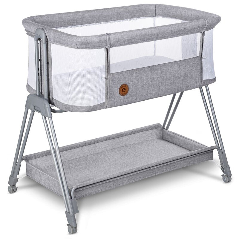 Patut co-sleeper, Lionelo, Luna, 2 in 1, Cu laterala culisanta, Cu setare unghiulara, Cu roti, Reglabil in 6 pozitii pe inaltime, Gri deschis - gogobaby.ro