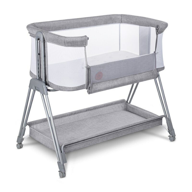 Patut co-sleeper, Lionelo, Luna, 2 in 1, Cu laterala culisanta, Cu setare unghiulara, Cu roti, Reglabil in 6 pozitii pe inaltime, Gri deschis - gogobaby.ro
