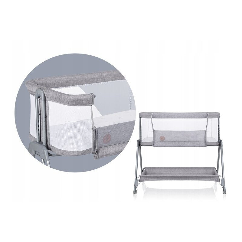 Patut co-sleeper, Lionelo, Luna, 2 in 1, Cu laterala culisanta, Cu setare unghiulara, Cu roti, Reglabil in 6 pozitii pe inaltime, Gri deschis - gogobaby.ro