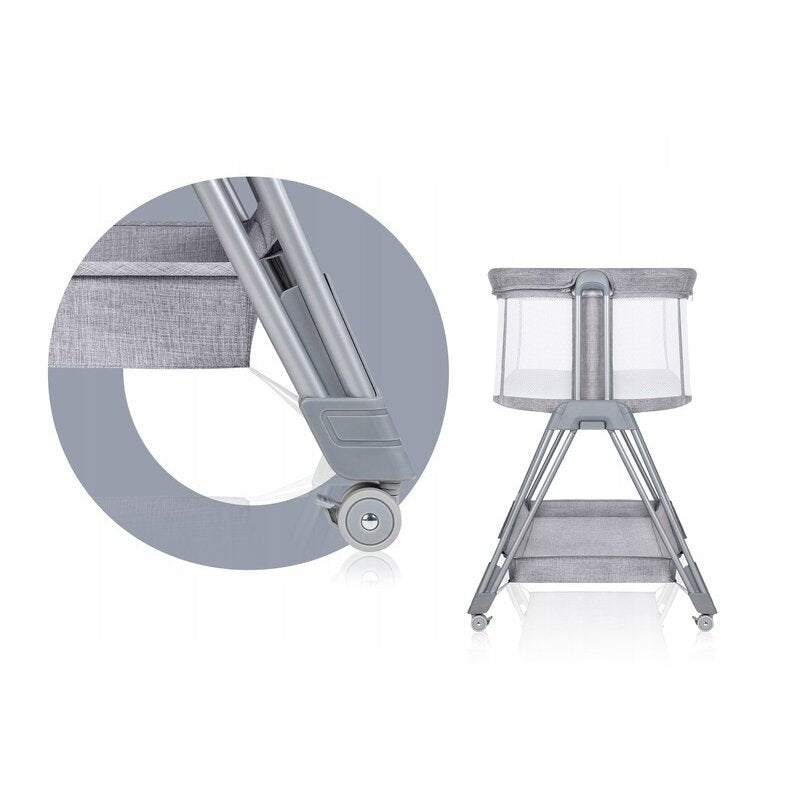 Patut co-sleeper, Lionelo, Luna, 2 in 1, Cu laterala culisanta, Cu setare unghiulara, Cu roti, Reglabil in 6 pozitii pe inaltime, Gri deschis - gogobaby.ro