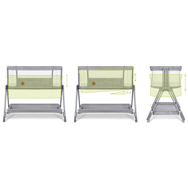 Patut co-sleeper, Lionelo, Luna, 2 in 1, Cu laterala culisanta, Cu setare unghiulara, Cu roti, Reglabil in 6 pozitii pe inaltime, Gri deschis - gogobaby.ro