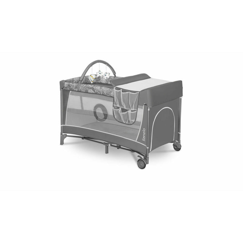Patut pliant, Lionelo, Flower, Cu doua nivele, Cu arcada, Geanta transport, Masuta de infasat, Bara cu jucarii, Fereastra laterala, 120x60 cm, Conform cu standardele europeane de securitate EN 716 si EN12221, Gri - gogobaby.ro