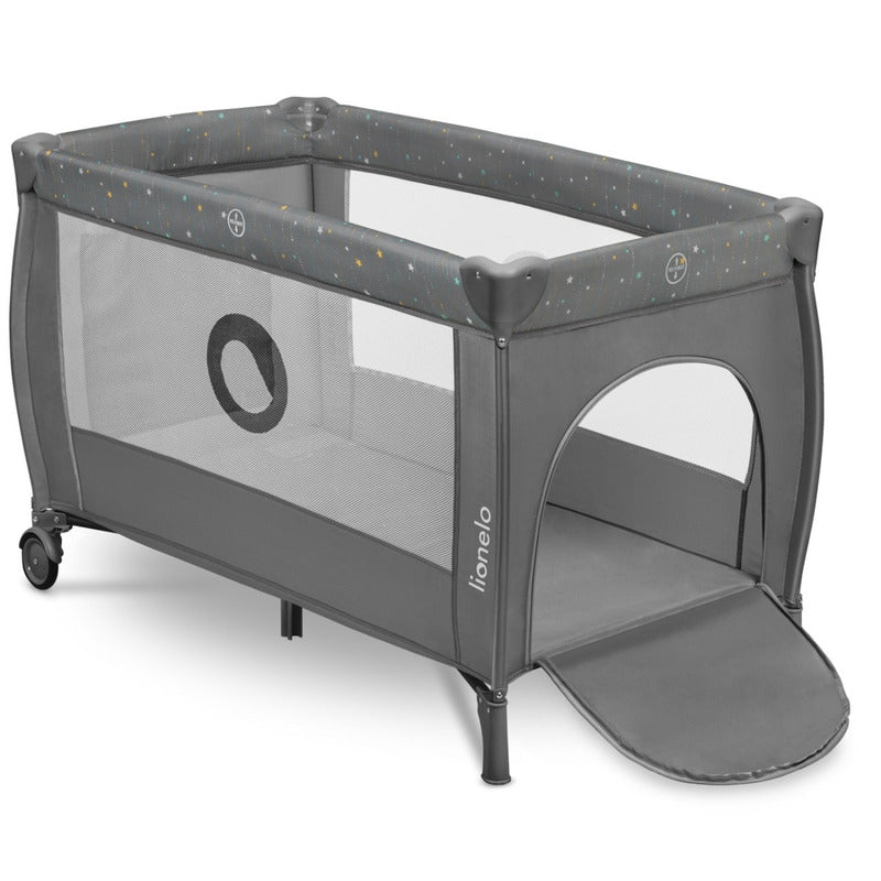Patut pliant, Lionelo, Stefi Plus, Cu doua nivele, Cu intrare laterala cu fermoar, 2 roti, 120 x 60 cm, Conform cu standardul european de securitate EN 716, Gri/ Multicolor - gogobaby.ro