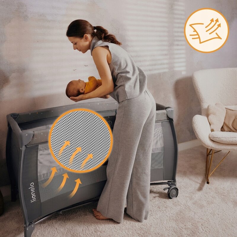 Patut pliant, Lionelo, Stefi Plus, Cu doua nivele, Cu intrare laterala cu fermoar, 2 roti, 120 x 60 cm, Conform cu standardul european de securitate EN 716, Gri/ Multicolor - gogobaby.ro