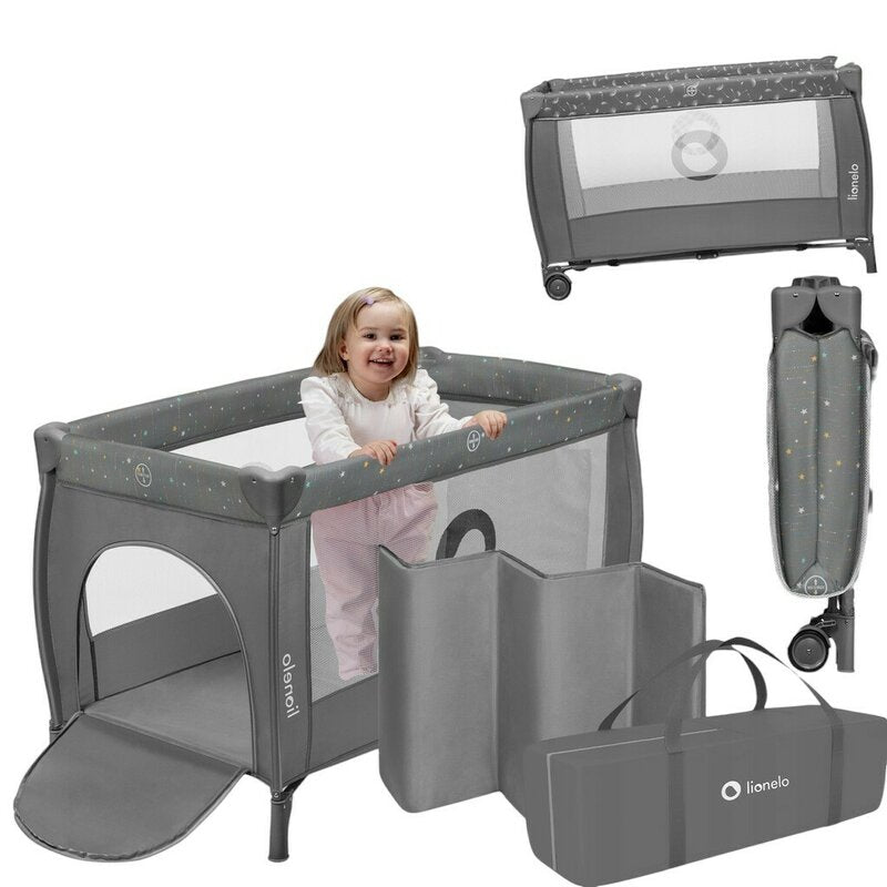 Patut pliant, Lionelo, Stefi Plus, Cu doua nivele, Cu intrare laterala cu fermoar, 2 roti, 120 x 60 cm, Conform cu standardul european de securitate EN 716, Gri/ Multicolor - gogobaby.ro