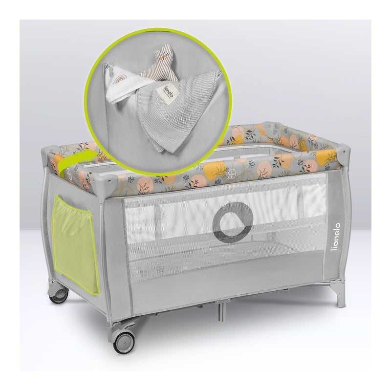 Patut pliant, Lionelo, Stefi Plus, Cu doua nivele, Cu intrare laterala cu fermoar, 2 roti, 120 x 60 cm, Conform cu standardul european de securitate EN 716, Roz/Galben