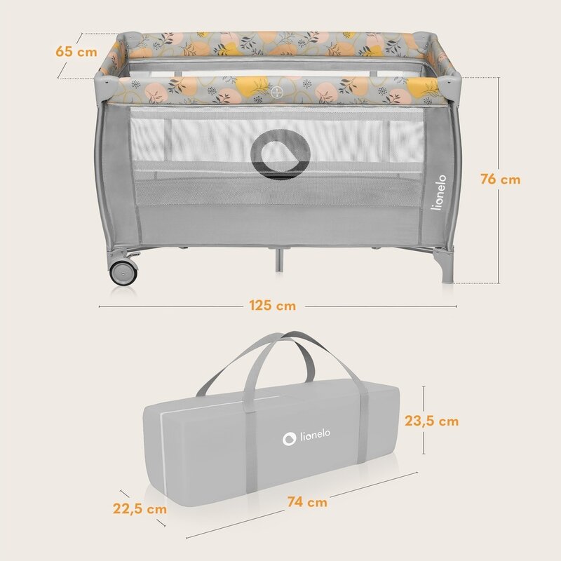 Patut pliant, Lionelo, Stefi Plus, Cu doua nivele, Cu intrare laterala cu fermoar, 2 roti, 120 x 60 cm, Conform cu standardul european de securitate EN 716, Roz/Galben
