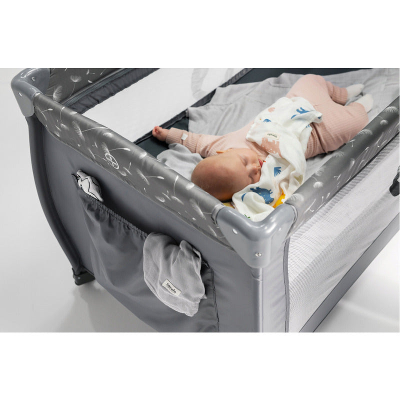 Patut pliant, Lionelo, Stefi Plus, Cu doua nivele, Cu intrare laterala cu fermoar, 2 roti, 120x60 cm, Conform cu standardul european de securitate EN 716, Gri - gogobaby.ro