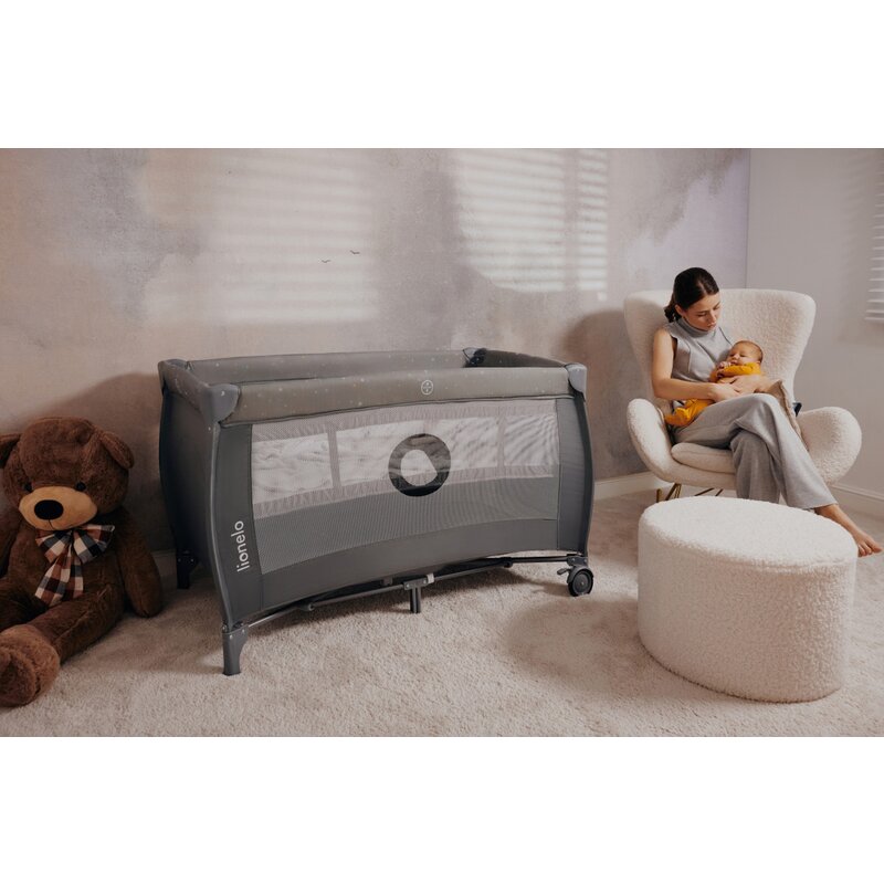 Patut pliant, Lionelo, Stefi Plus, Cu doua nivele, Cu intrare laterala cu fermoar, 2 roti, 120x60 cm, Conform cu standardul european de securitate EN 716, Gri - gogobaby.ro