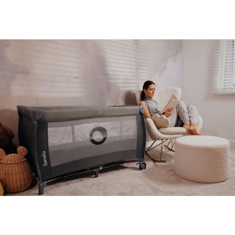 Patut pliant, Lionelo, Stefi Plus, Cu doua nivele, Cu intrare laterala cu fermoar, 2 roti, 120x60 cm, Conform cu standardul european de securitate EN 716, Gri - gogobaby.ro