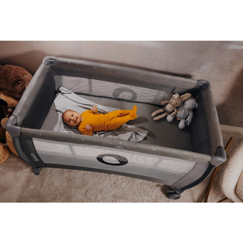 Patut pliant, Lionelo, Stefi Plus, Cu doua nivele, Cu intrare laterala cu fermoar, 2 roti, 120x60 cm, Conform cu standardul european de securitate EN 716, Gri - gogobaby.ro