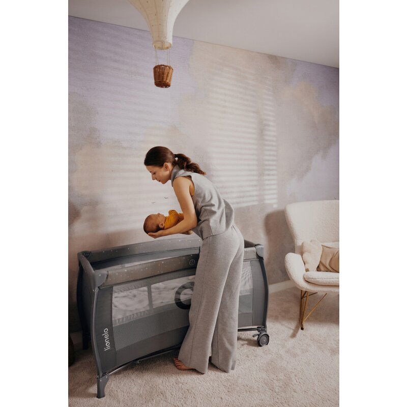 Patut pliant, Lionelo, Stefi Plus, Cu doua nivele, Cu intrare laterala cu fermoar, 2 roti, 120x60 cm, Conform cu standardul european de securitate EN 716, Gri - gogobaby.ro