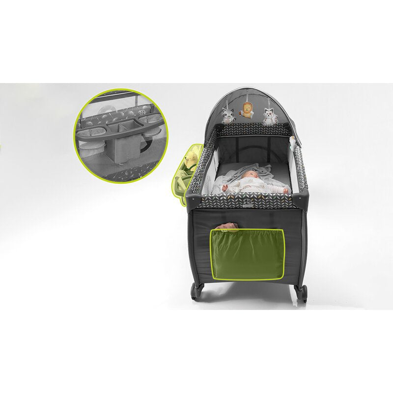 Patut pliant, Lionelo, Sven Plus, 120x60 cm, Cu doua nivele, Cu arcada jucarii, masuta de infasat, vibratii, melodii, conform cu standardele europeane de securitate EN716 si EN12221, Grey - gogobaby.ro