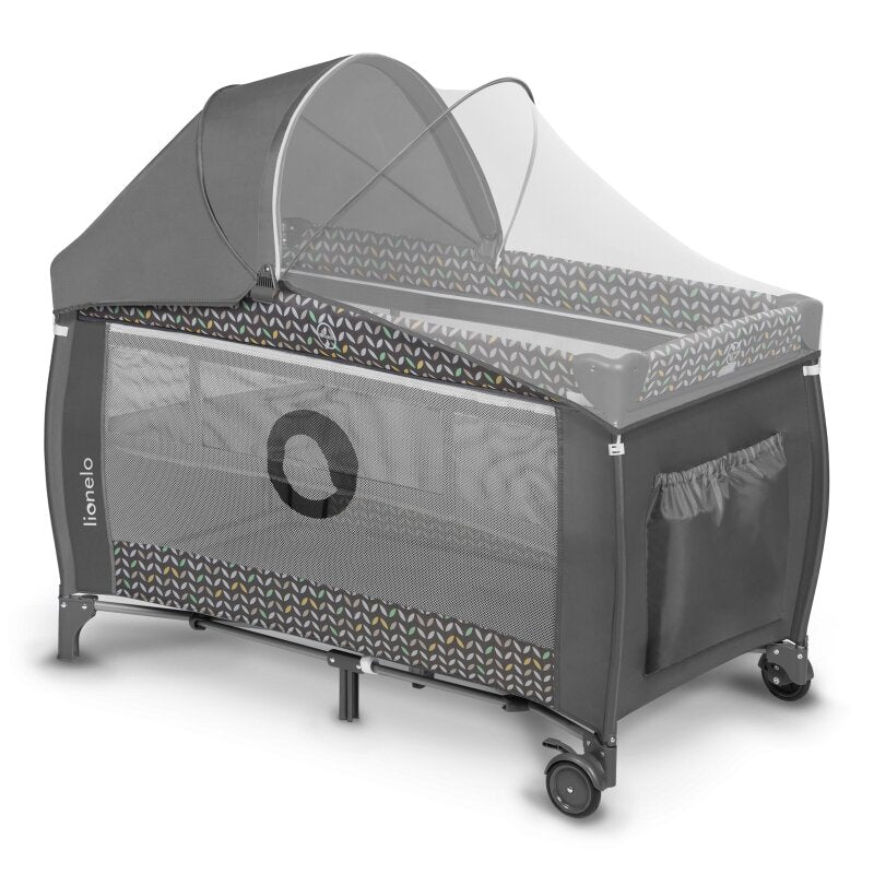 Patut pliant, Lionelo, Sven Plus, 120x60 cm, Cu doua nivele, Cu arcada jucarii, masuta de infasat, vibratii, melodii  conform cu standardele europeane de securitate EN716 si EN12221, Grey Scandi - gogobaby.ro