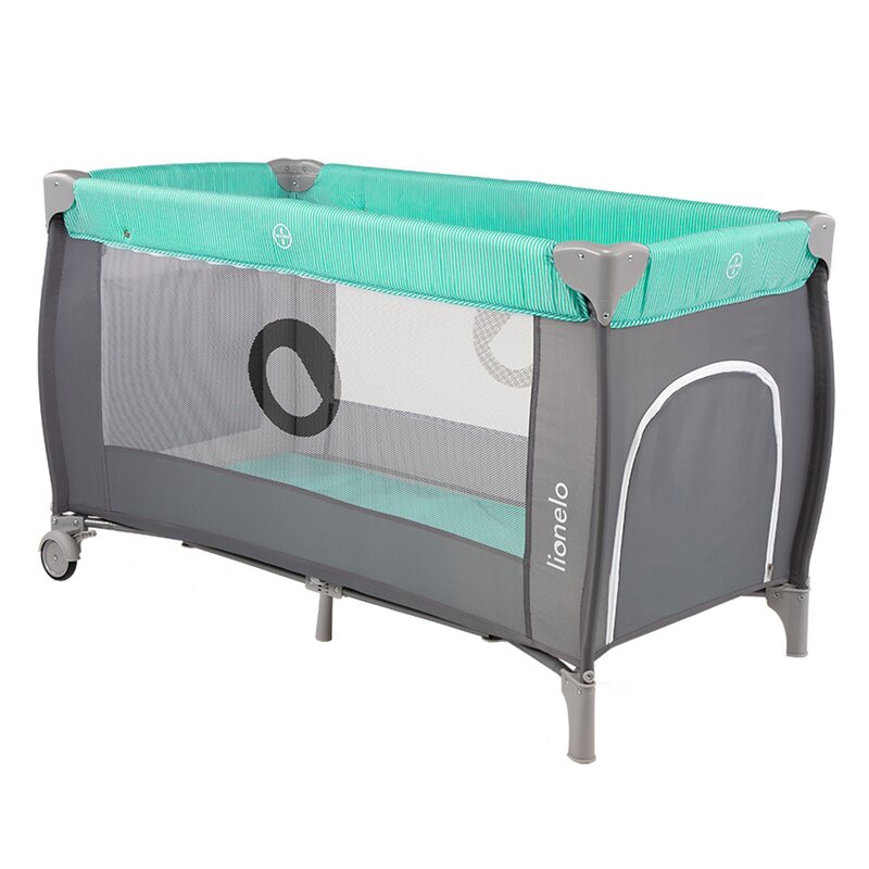 Patut pliant, Lionelo, Sven Plus, 120x60 cm, Cu doua nivele, Cu arcada jucarii, masuta de infasat, vibratii, melodii, conform cu standardele europeane de securitate EN716 si EN12221, Turcoaz/Gri - gogobaby.ro