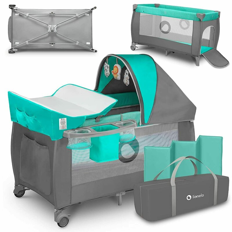 Patut pliant, Lionelo, Sven Plus, 120x60 cm, Cu doua nivele, Cu arcada jucarii, masuta de infasat, vibratii, melodii, conform cu standardele europeane de securitate EN716 si EN12221, Turcoaz/Gri - gogobaby.ro