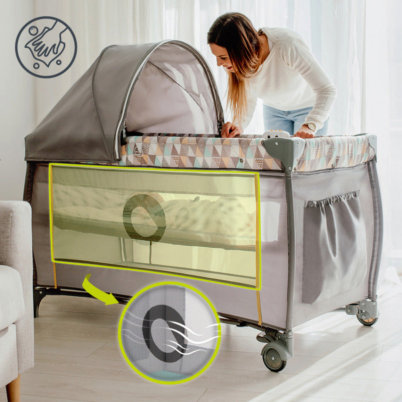 Patut pliant, Lionelo, Sven Plus, 120x60 cm, Cu doua nivele, Cu arcada jucarii, masuta de infasat, vibratii, melodii, conform cu standardele europeane de securitate EN716 si EN12221, Turcoaz/Gri - gogobaby.ro