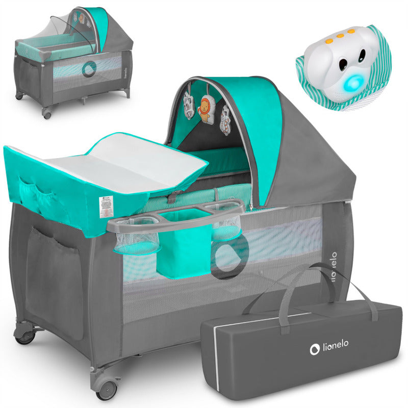 Patut pliant, Lionelo, Sven Plus, 120x60 cm, Cu doua nivele, Cu arcada jucarii, masuta de infasat, vibratii, melodii, conform cu standardele europeane de securitate EN716 si EN12221, Turcoaz/Gri - gogobaby.ro
