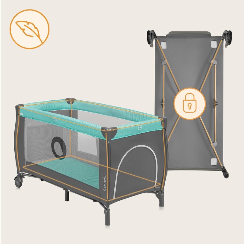 Patut pliant, Lionelo, Sven Plus, 120x60 cm, Cu doua nivele, Cu arcada jucarii, masuta de infasat, vibratii, melodii, conform cu standardele europeane de securitate EN716 si EN12221, Turcoaz/Gri - gogobaby.ro