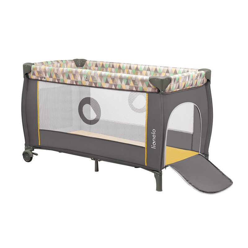 Patut pliant, Lionelo, Sven Plus, 120x60 cm, Cu doua nivele, Cu arcada jucarii, masuta de infasat  vibratii, melodii, conform cu standardele europeane de securitate EN716 si EN12221, Yellow Scandi