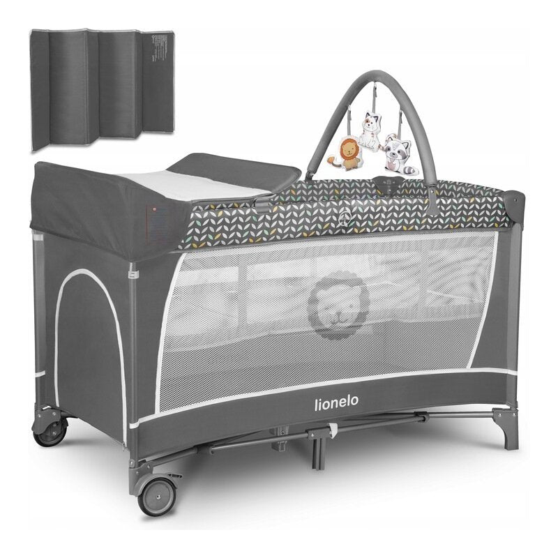 Patut pliant, Lionelo, Flower, Cu doua nivele, Cu arcada, Geanta transport, Masuta de infasat, Bara cu jucarii, Fereastra laterala, 120x60 cm, Conform cu standardele europeane de securitate EN 716 si EN12221, Gri - gogobaby.ro