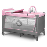 Patut pliant, Lionelo, Flower, Cu doua nivele, Cu arcada, Geanta transport, Masuta de infasat, Bara cu jucarii, Fereastra laterala, 120x60 cm, Conform cu standardele europeane de securitate EN 716 si EN12221, Roz