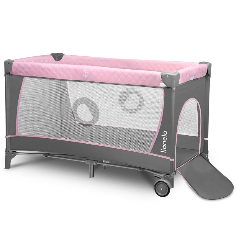 Patut pliant, Lionelo, Flower, Cu doua nivele, Cu arcada, Geanta transport, Masuta de infasat, Bara cu jucarii, Fereastra laterala, 120x60 cm, Conform cu standardele europeane de securitate EN 716 si EN12221, Roz